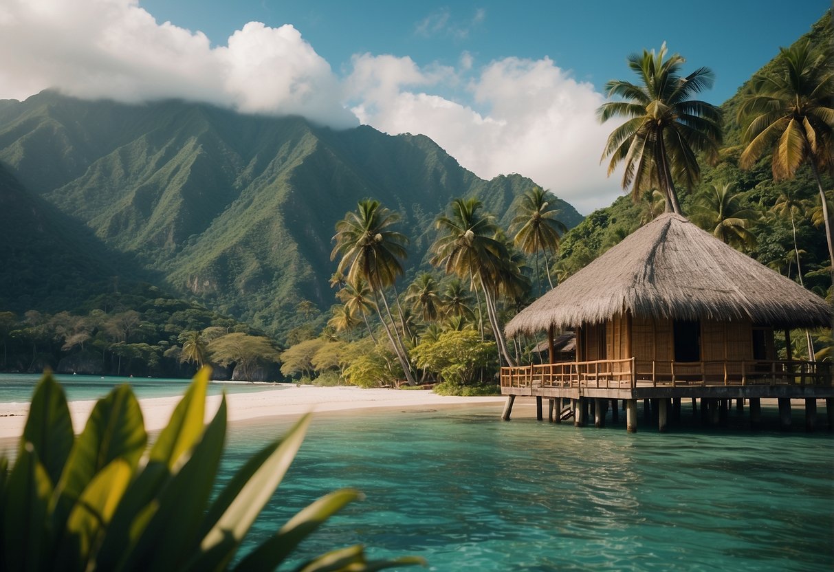 A tropical beach with clear blue waters, palm trees, and a traditional Filipino nipa hut. A backdrop of lush green mountains completes the scene