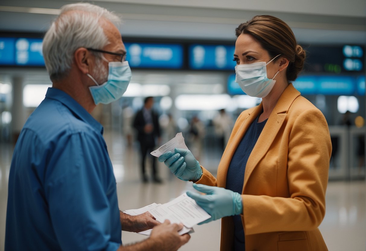 A traveler wearing a face mask and face shield presents a negative COVID-19 test result to a health officer at the airport