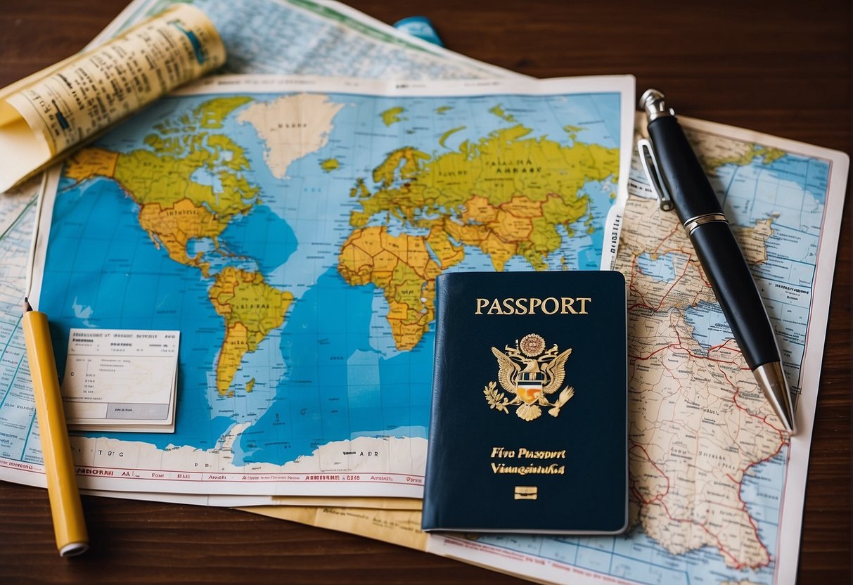 A passport, plane ticket, and vaccination card lay on a table, surrounded by a map of the Philippines and a guidebook