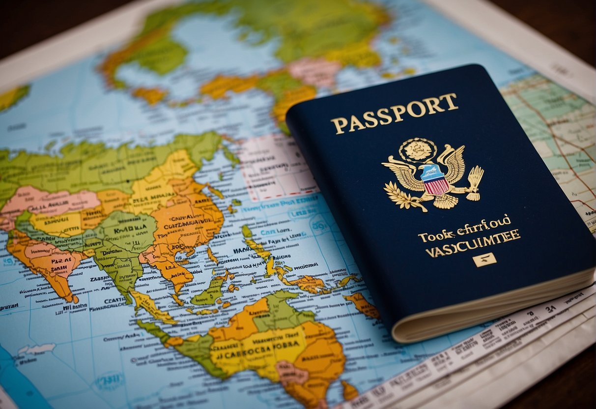 A passport, plane ticket, and vaccination card lay on a table beside a map of the Philippines. A laptop displays the travel requirements