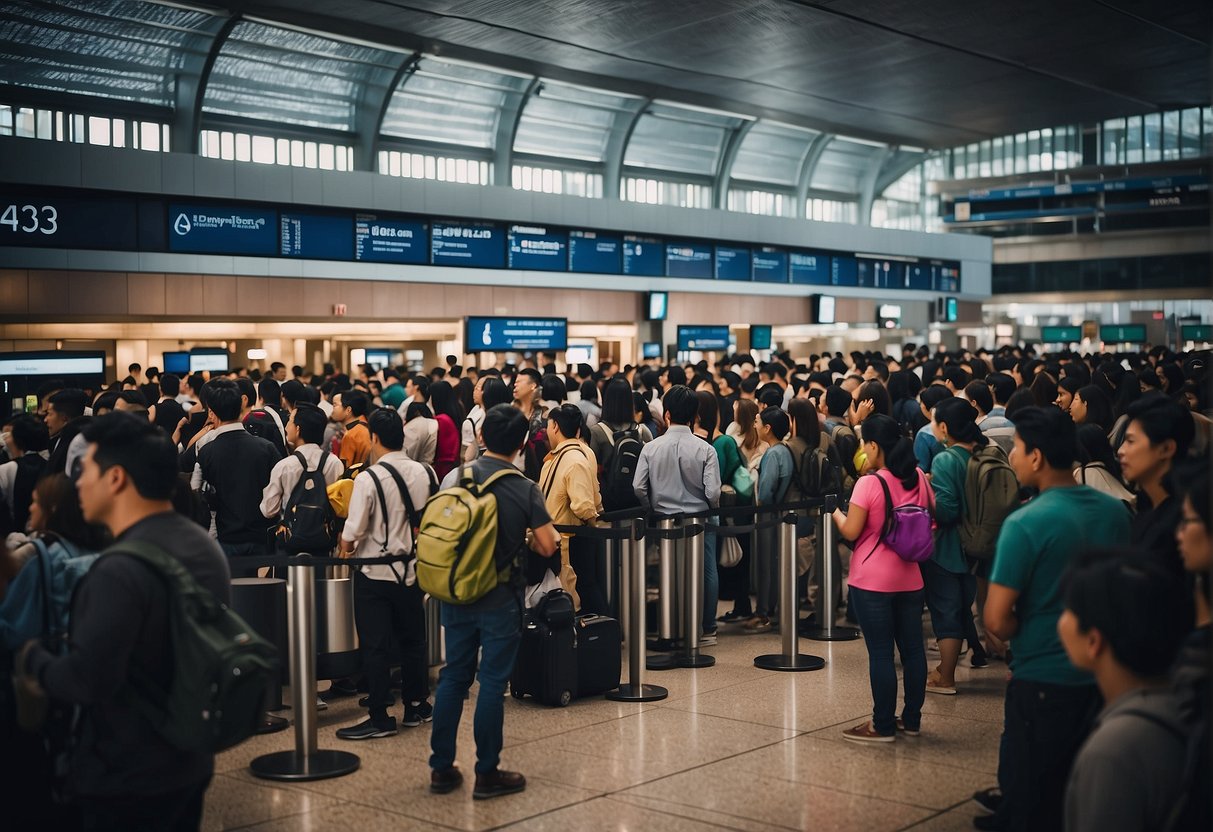 A crowded airport terminal with travelers lining up at immigration, holding passports and documents for Philippines travel requirements