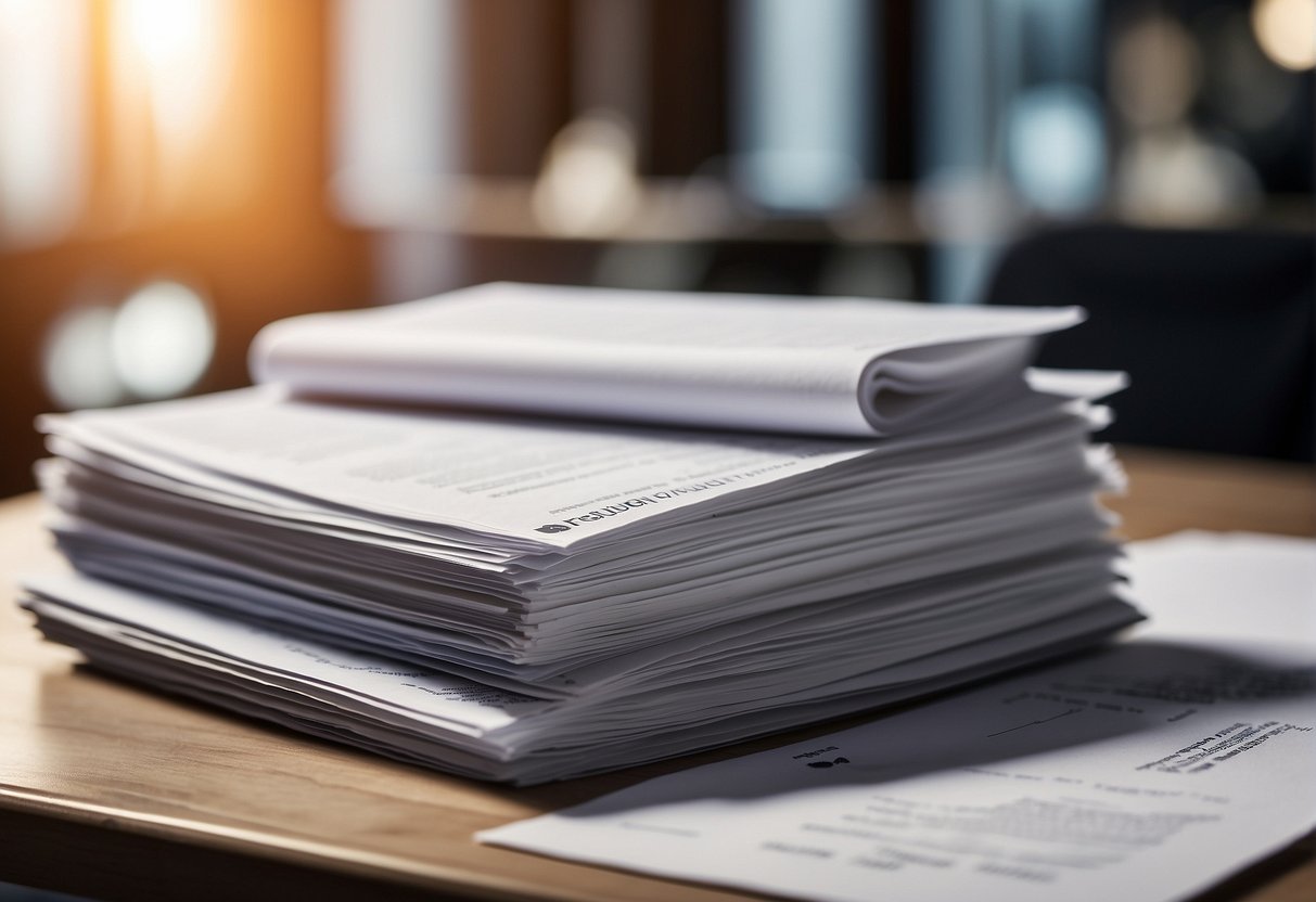 A stack of legal documents and customer reviews, with a mix of positive and negative feedback, surrounding a company logo