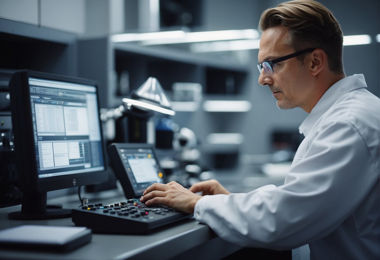 Corrective Action in ISO 17025 - A technician calibrates equipment, records data, and adjusts settings in a laboratory setting for ISO 17025 compliance