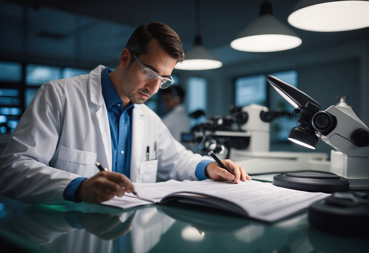 Corrective Action in ISO 17025 - A lab technician updates a manual with the new ISO/IEC 17025 revisions, while a supervisor reviews corrective action procedures
