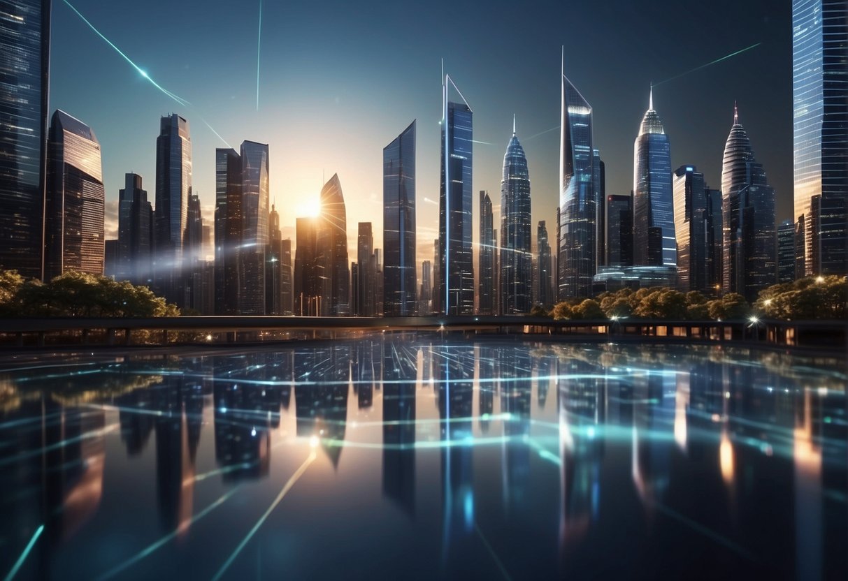 A futuristic cityscape with holographic projections of financial charts and graphs, showcasing the dynamic and ever-changing business landscape of 2024