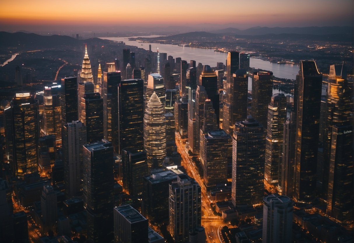 A bustling city skyline with various businesses and sales activities, showcasing digital marketing and innovative sales strategies for business growth in 2024