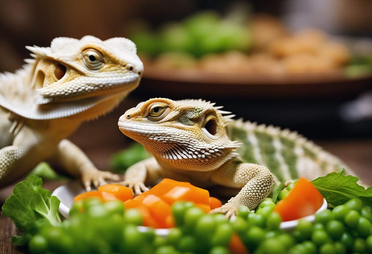 A bearded dragon consumes a bowl of fresh vegetables, avoiding frozen peas