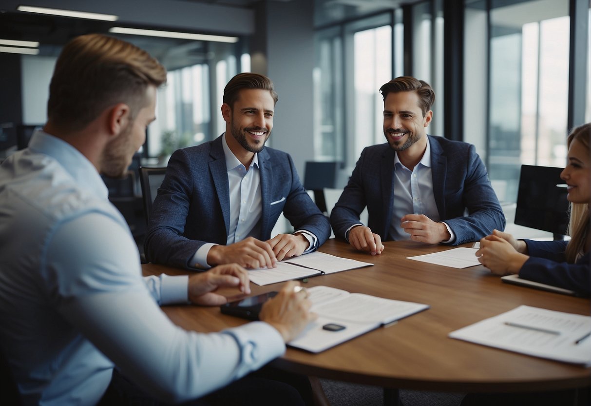 A group of business professionals brainstorming and planning customer acquisition strategies in a modern office setting