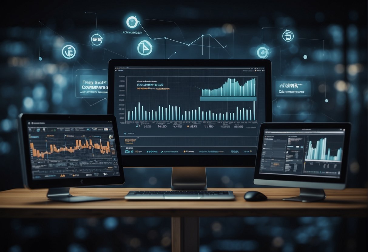 A computer screen displays data analytics while a digital marketing platform integrates various customer acquisition strategies