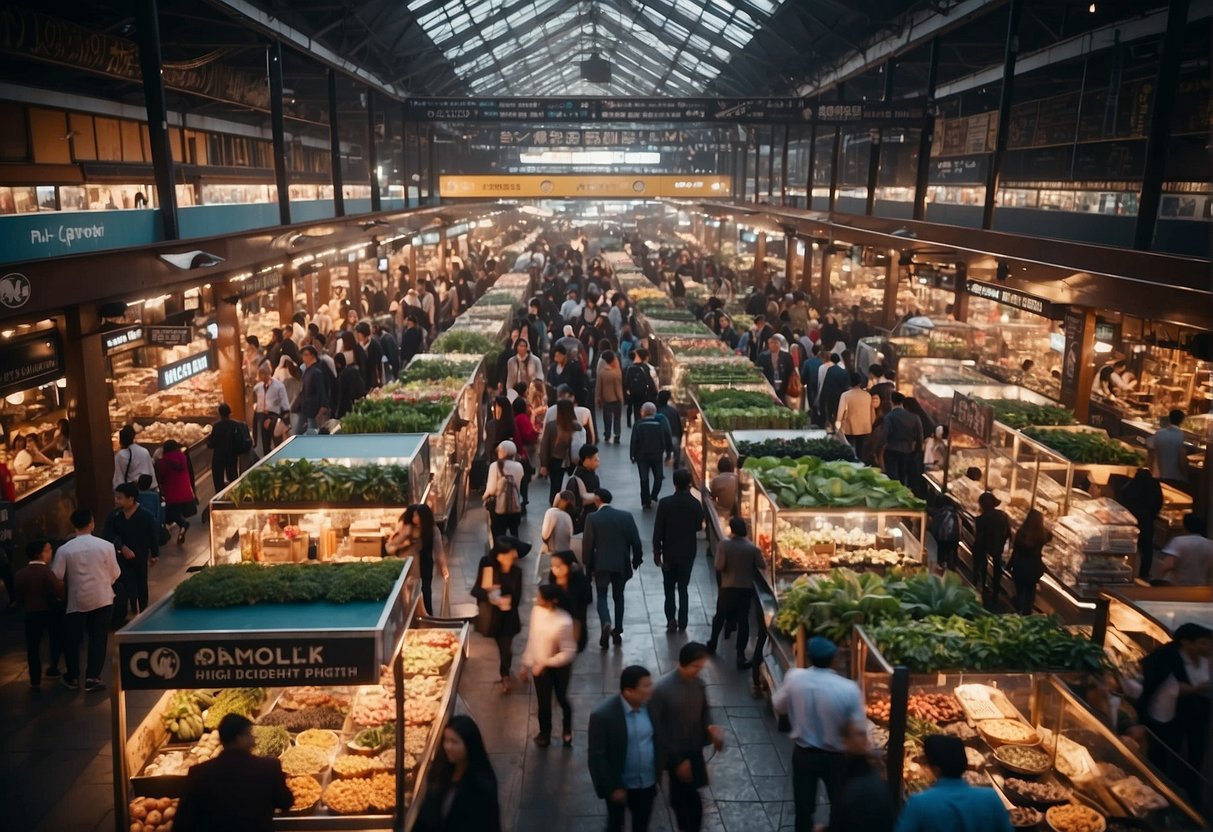 A crowded marketplace with various vendors attracting customers with eye-catching displays and engaging in persuasive sales tactics