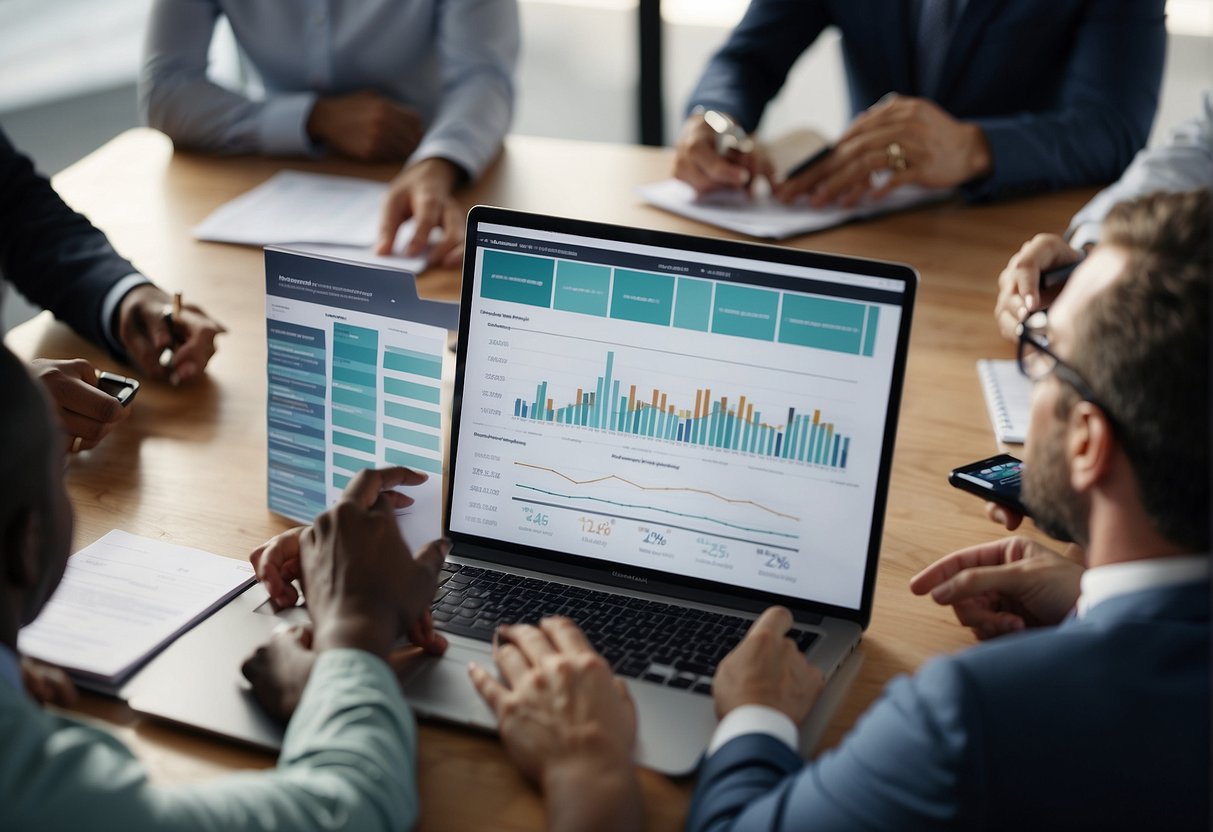 A group of people gather around a table, discussing customer acquisition strategies. Charts and graphs are displayed on a screen, while notes are being taken