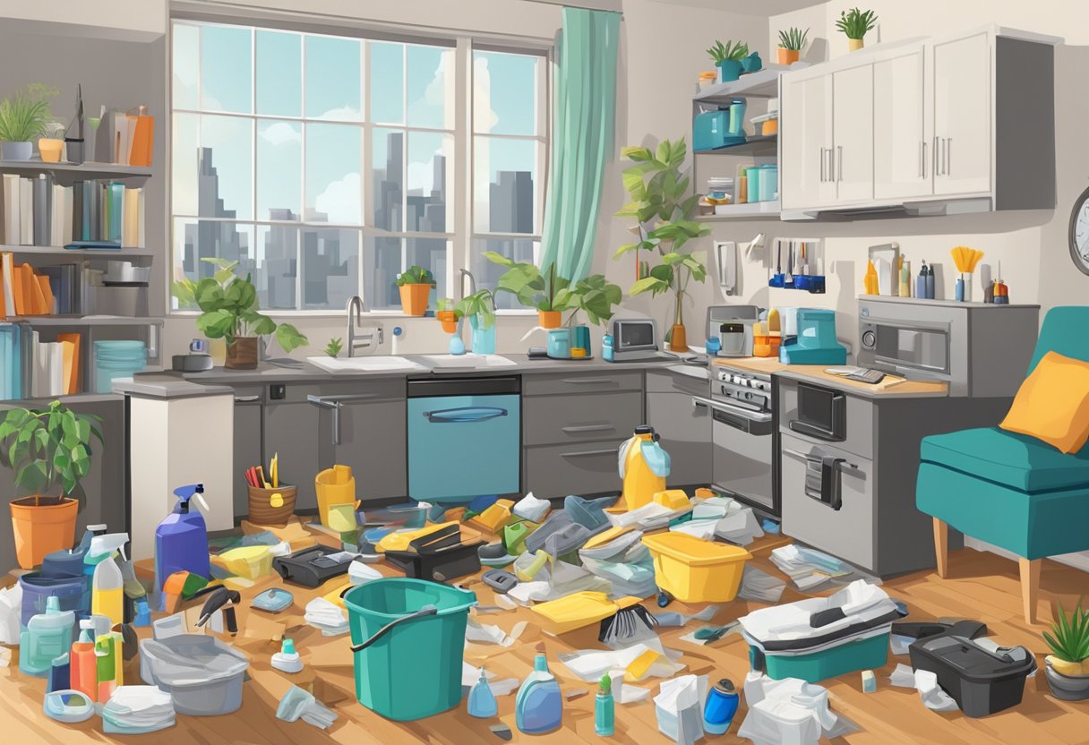 A cluttered apartment being thoroughly cleaned, with cleaning supplies and equipment scattered around