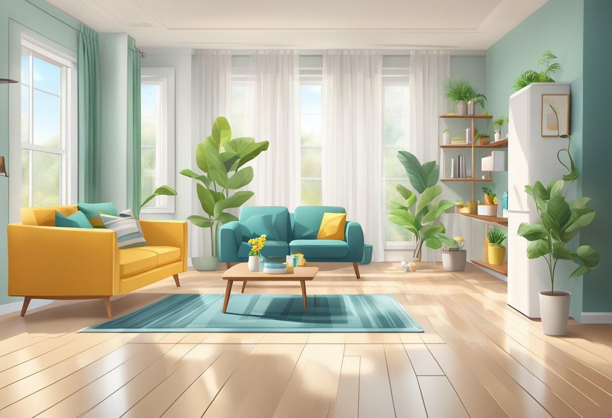 A clean, tidy apartment with basic cleaning tools and products. Floors and surfaces are spotless, and there is a sense of order and freshness in the air