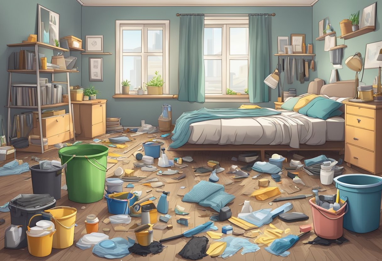 A cluttered apartment with dirty floors and surfaces, requiring a thorough cleaning. Items like mops, buckets, and cleaning supplies are scattered around the room