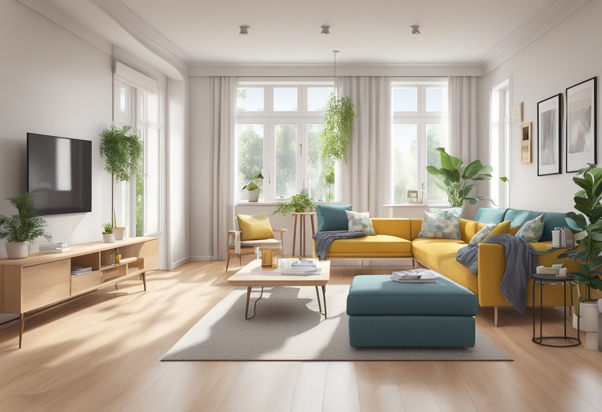 A spacious, tidy apartment with a clean, gleaming floor and dust-free surfaces. Furniture and decor are neatly arranged, creating a welcoming and organized living space