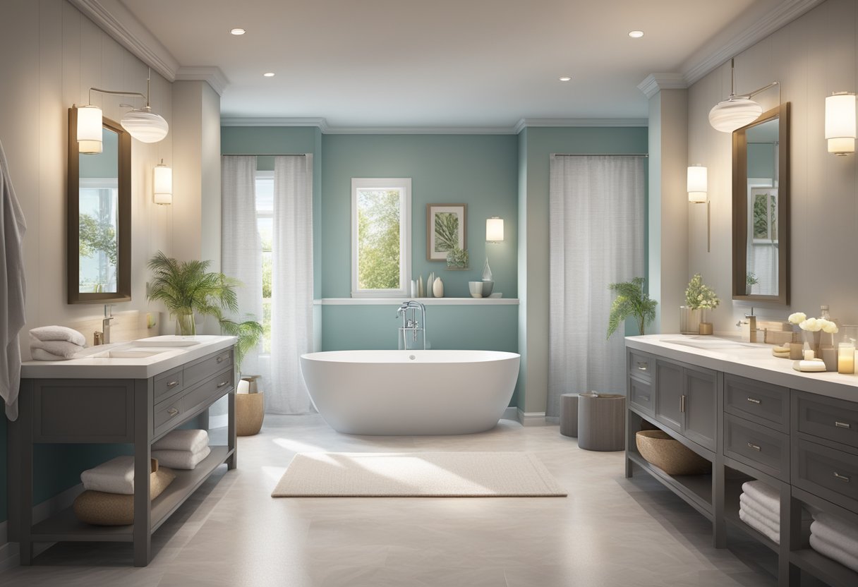 Soft, ambient lighting illuminates a clean, modern bathroom with plush towels, luxurious bath products, and a serene color palette, evoking a tranquil hotel spa atmosphere