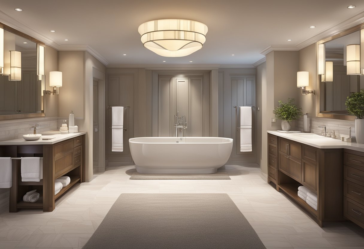 Bathroom with plush towels, elegant fixtures, and soothing lighting evokes a luxurious hotel spa ambiance