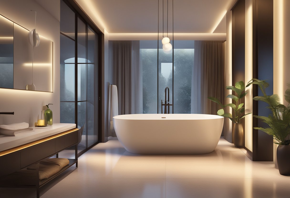 Soft, warm light emanates from modern fixtures, casting a tranquil glow over a sleek, minimalist bathroom. The ambiance evokes a luxurious spa experience