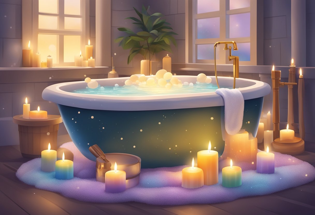Bath filled with bubbles, surrounded by lit candles and soft music playing. Towels neatly folded, bath salts and essential oils displayed