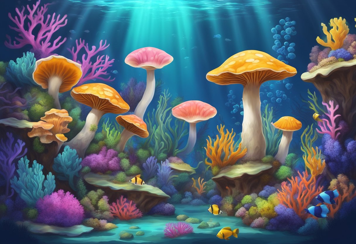 Mushroom corals sway gently in the current, surrounded by colorful fish and vibrant coral reefs in a well-maintained aquarium