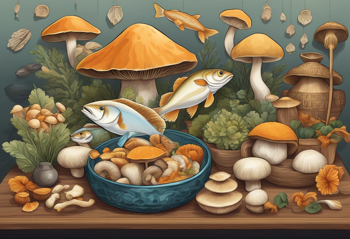 Mushrooms and fish displayed on a table, surrounded by symbols of cultural significance such as traditional utensils, artwork, and decorative elements
