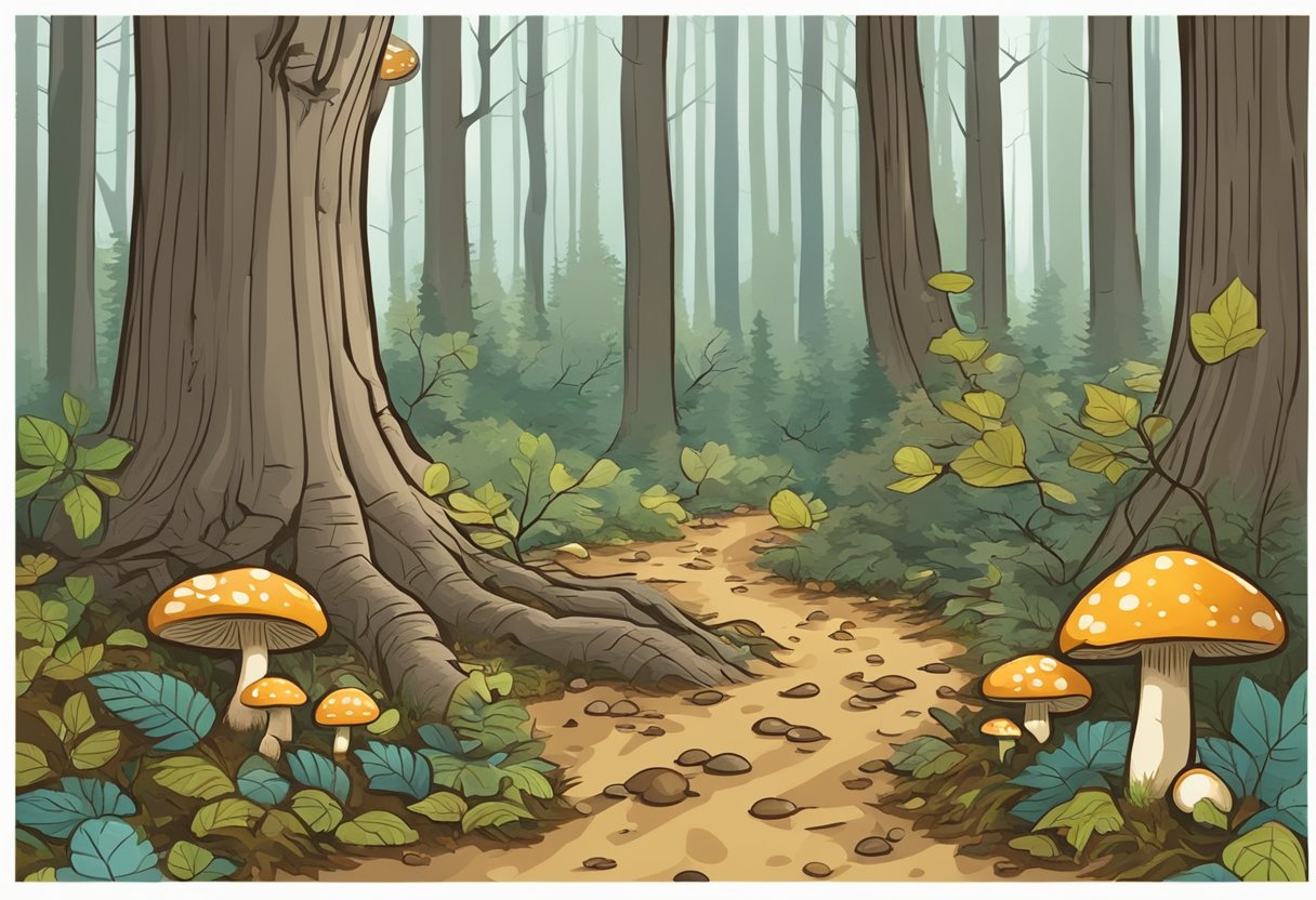 A forest scene with mushrooms growing among fallen leaves and tree roots, with a sign indicating "State Park Mushroom Hunting Area."