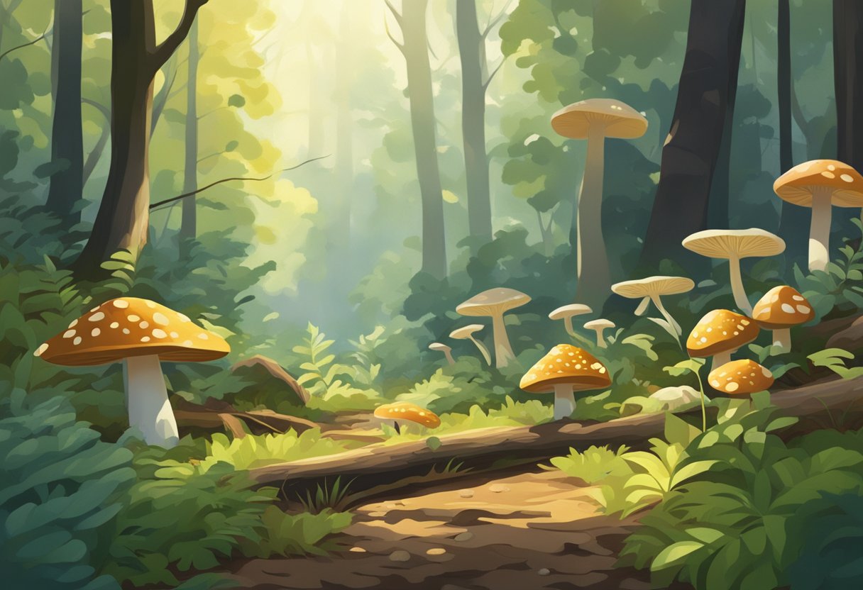 Lush forest floor with diverse flora and fallen logs. A variety of mushrooms peek out from the underbrush. Sunlight filters through the canopy, creating dappled patterns on the ground