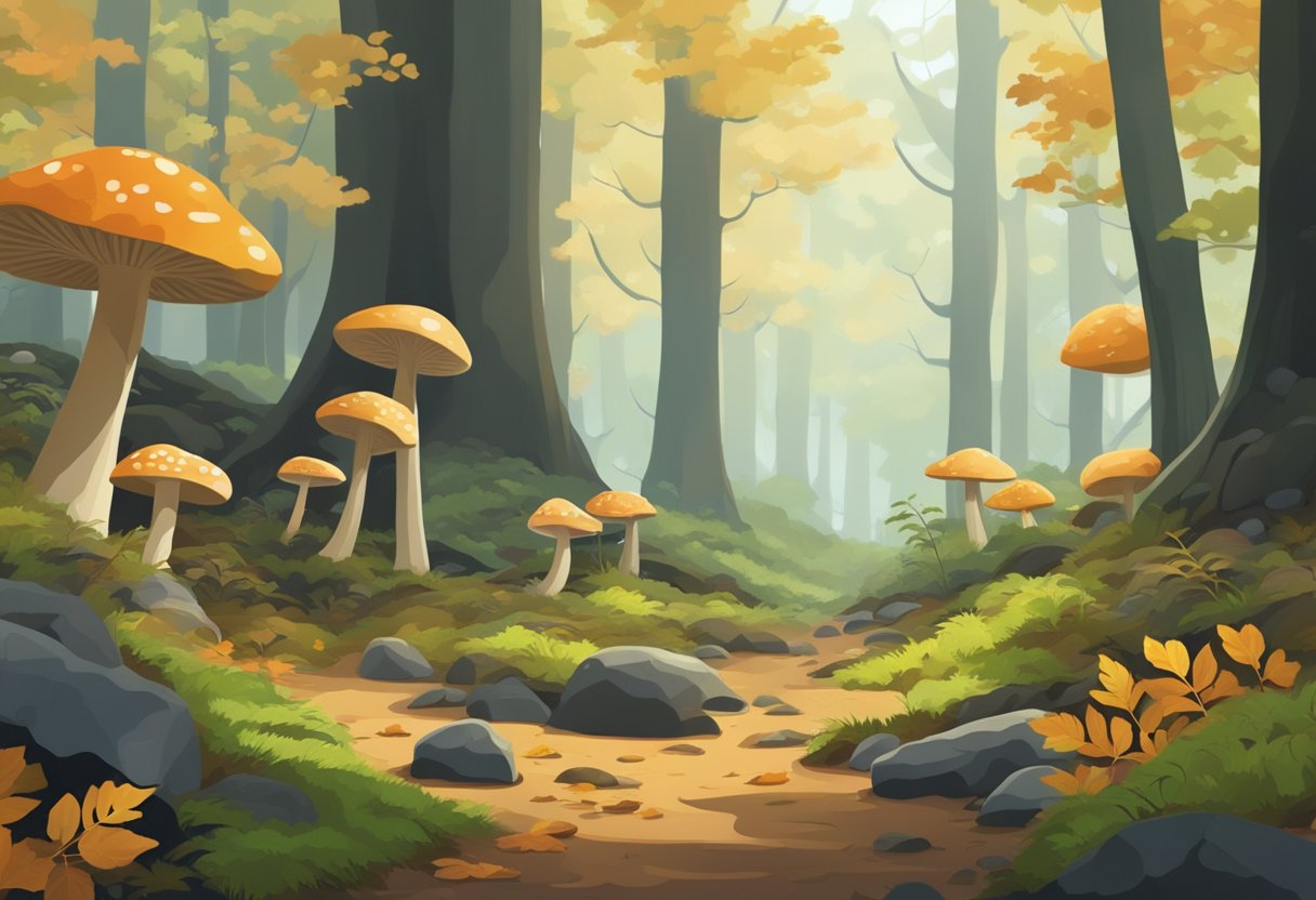 Lush forest floor with fallen leaves, moss-covered rocks, and towering trees in a state park. Various types of mushrooms peeking out from the damp earth