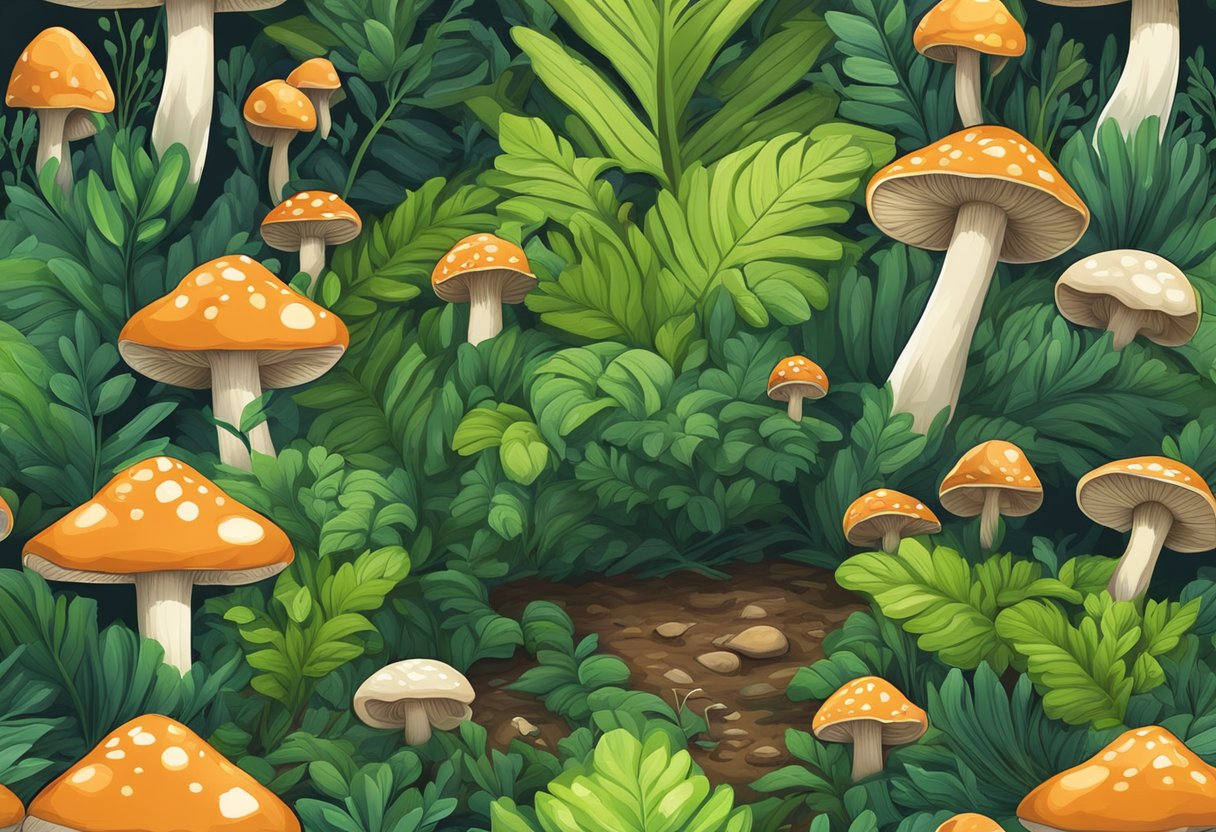 Lush forest floor, mushrooms sprout rapidly, reaching for the sunlight