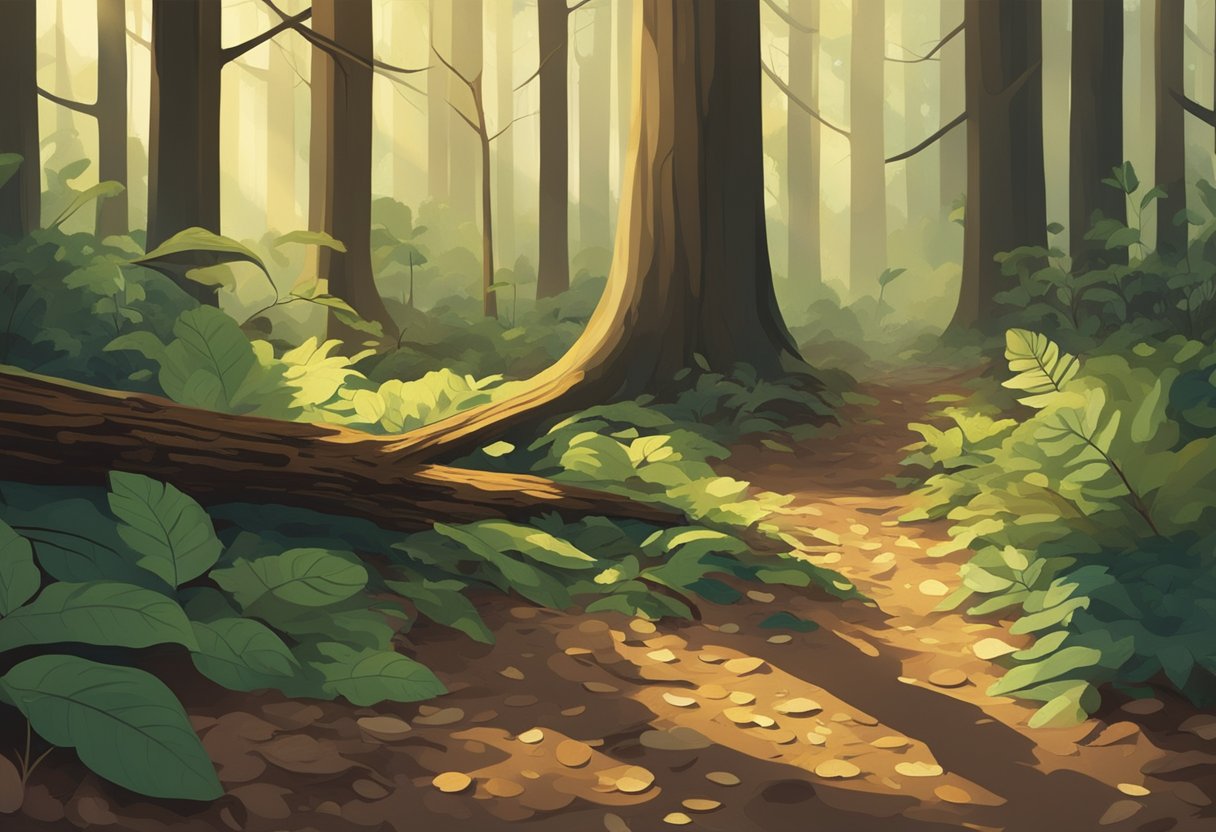 Lush forest floor with damp soil, fallen leaves, and decaying wood. Sunlight filters through the canopy, creating dappled shadows. Cool, humid air with a hint of earthy scent