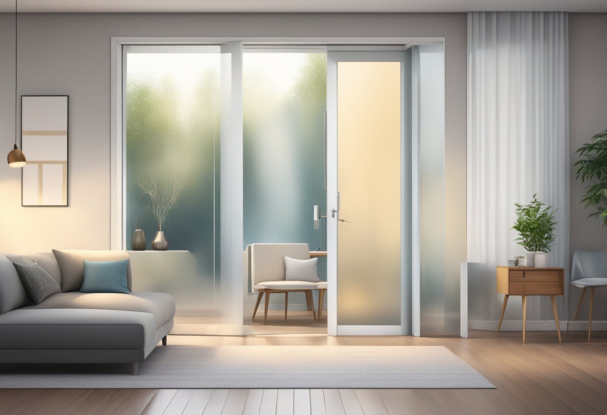 A room with frosted glass interior doors, allowing natural light to filter through while maintaining privacy. A modern and elegant touch to the interior design