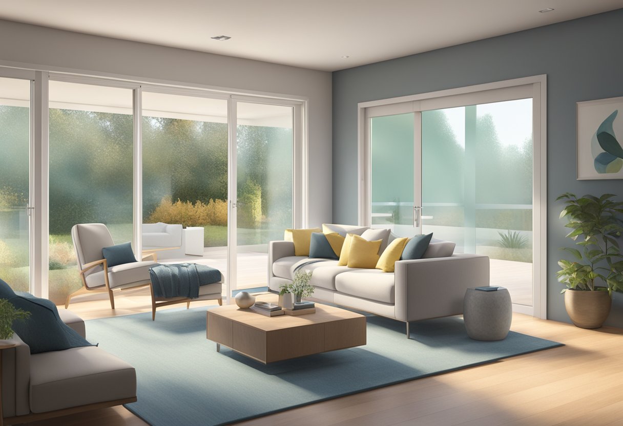 A modern living room with frosted glass interior doors, allowing natural light to filter through while maintaining privacy