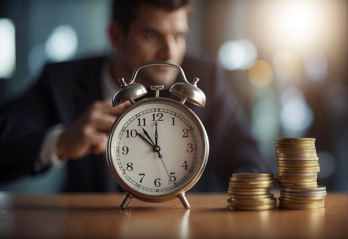 A person choosing between a job and leisure time, with a clock ticking in the background. A scale shows trade-offs between goods