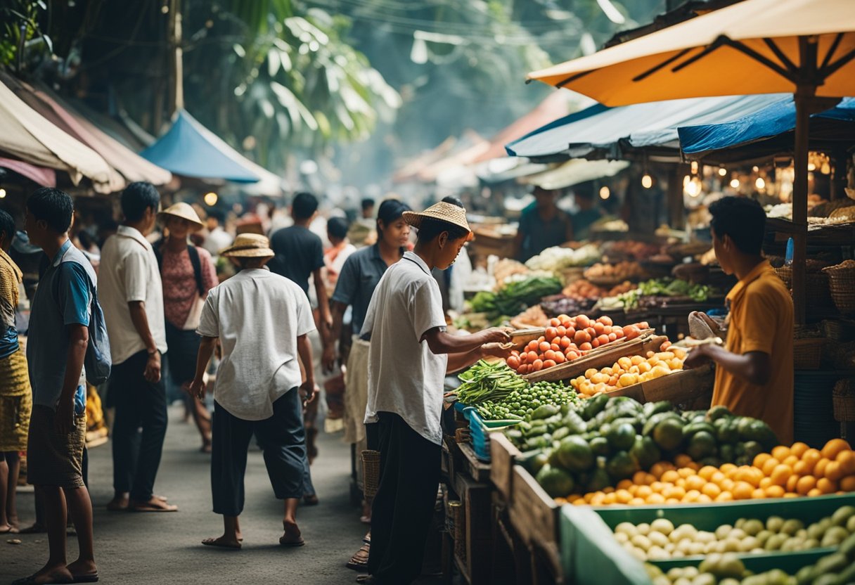 A bustling market in Bali, with colorful currency being exchanged between locals and tourists at various stalls and booths