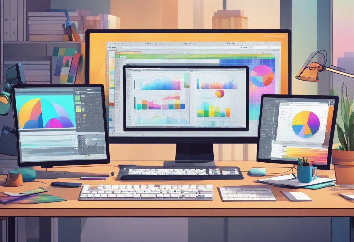A colorful palette of animation tools and software arranged on a clean, organized desk. Computer monitor displays custom animation video in progress