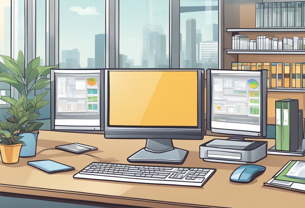 A computer with animated graphics displaying business applications in an office setting