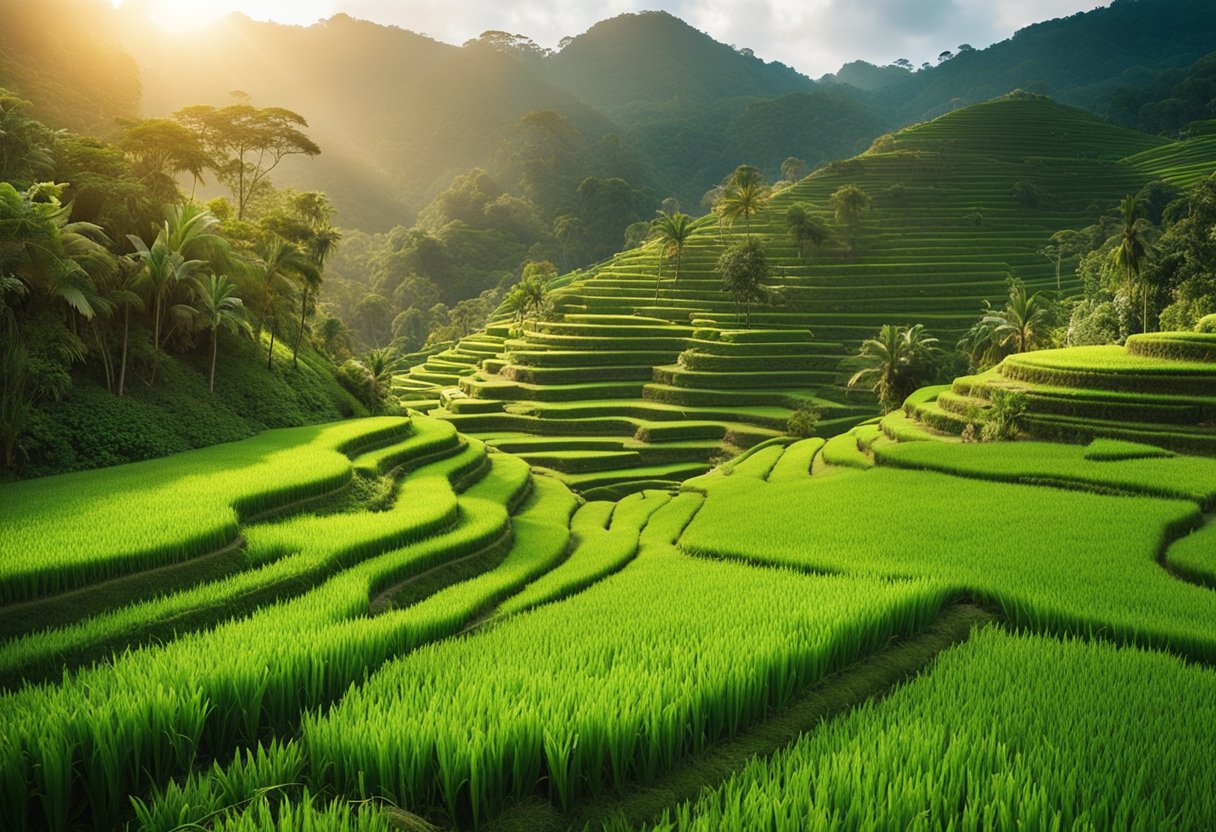 Lush green rice terraces cascade down the hillsides, while vibrant flowers bloom in the tropical gardens. The sun shines brightly overhead, casting a warm glow over the serene landscape