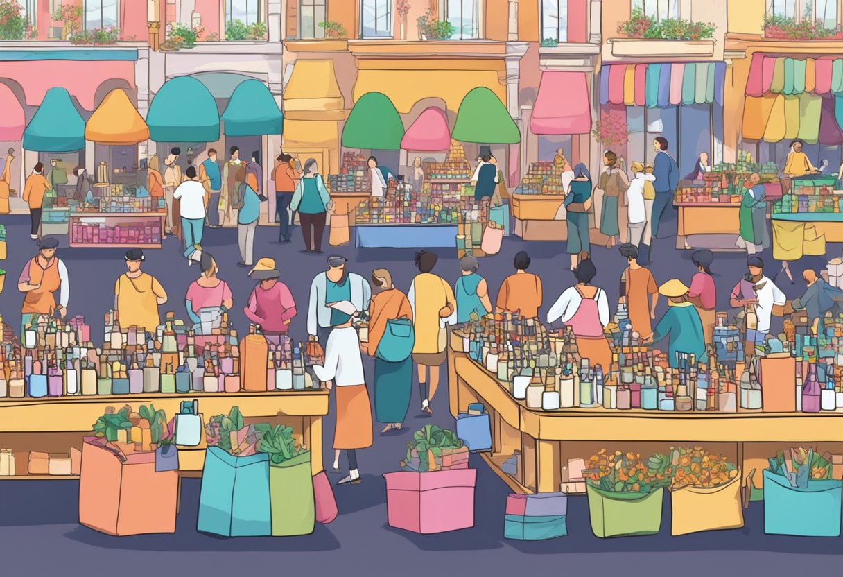 A bustling marketplace with various vendors displaying used perfume bottles on colorful tables. Customers browse and haggle for the best deals