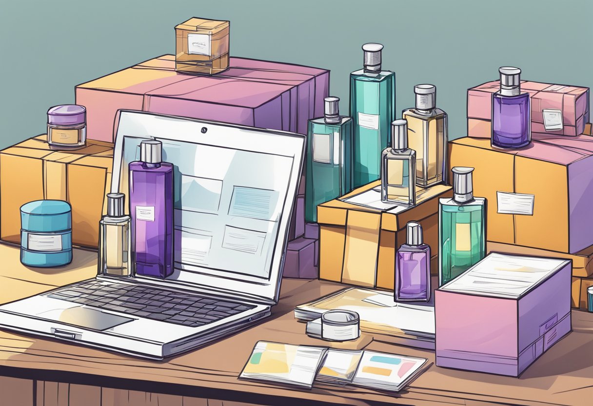 A table with various bottles of perfume, a laptop open to a resale website, and a stack of shipping boxes ready to be filled