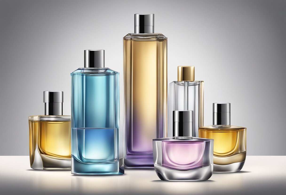 Bottles of perfume arranged on a sleek, modern display stand. A sign reads "Best Place to Sell Used Perfume." Bright lighting highlights the elegant packaging and labels