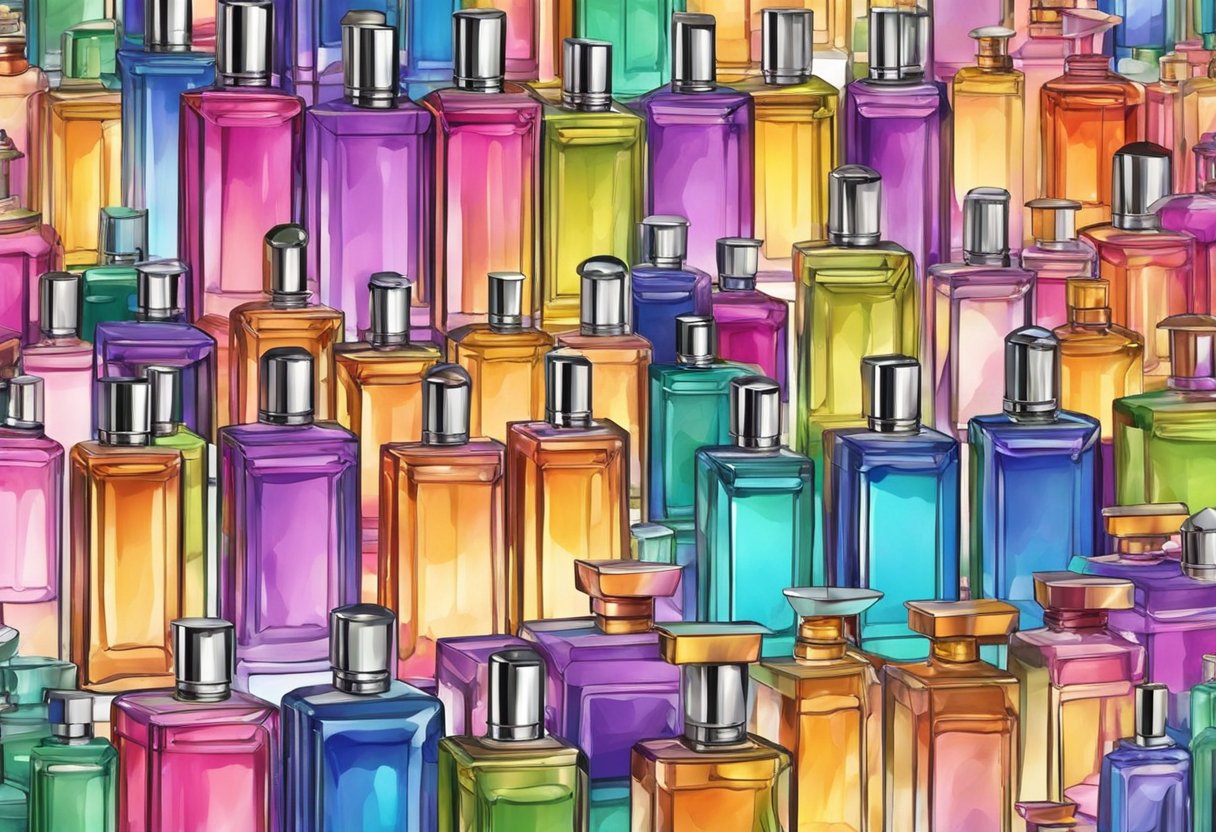 A vibrant marketplace with rows of colorful perfume bottles on display, attracting the attention of shoppers looking for the best place to sell used perfume