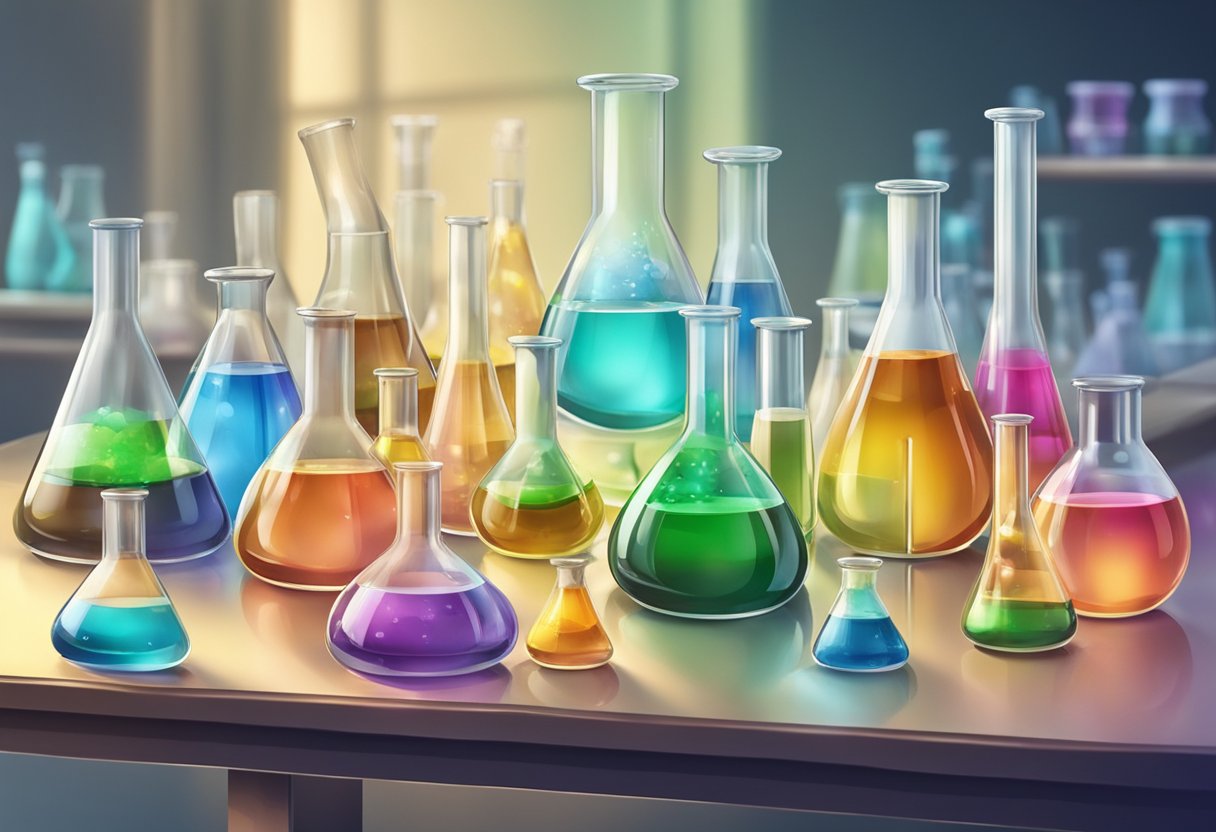 A laboratory table holds various glass vials and beakers filled with clear and colored liquids. A faint scent of alcohol lingers in the air