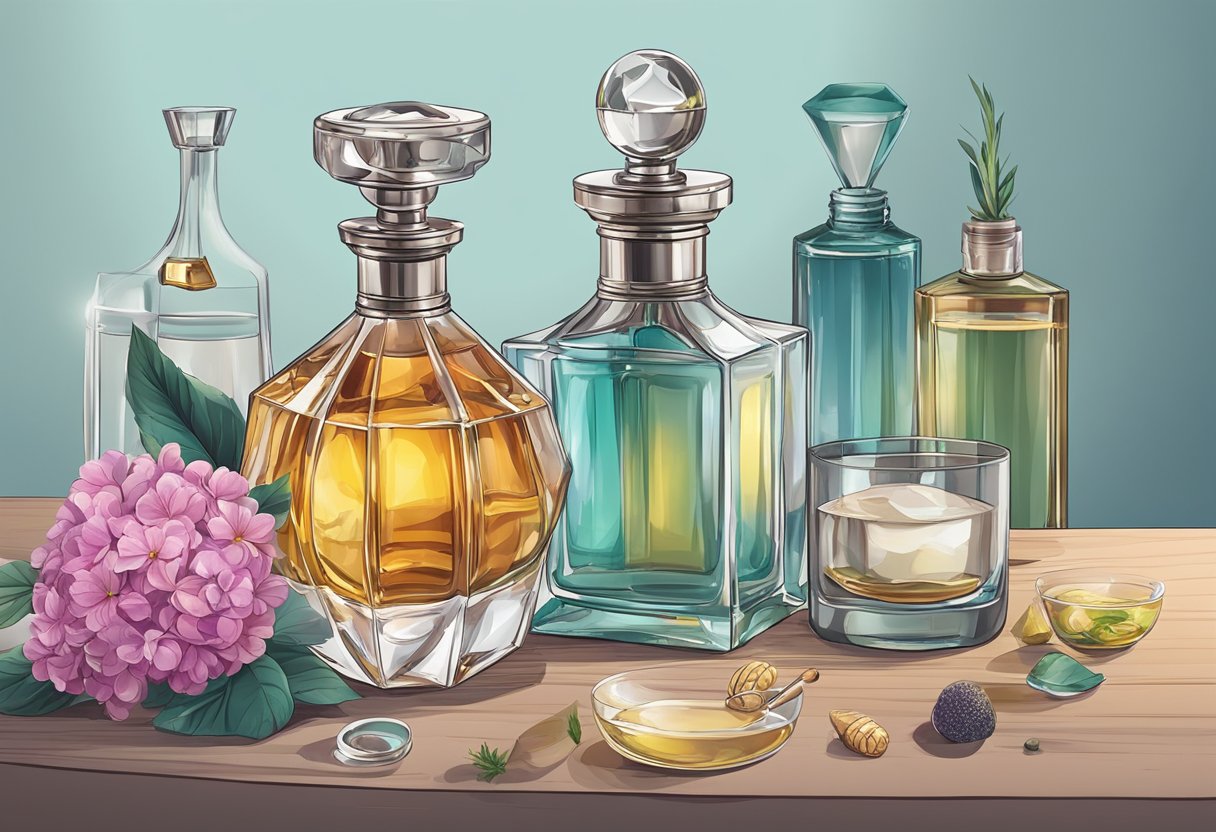 A bottle of perfume sits on a table, emitting a strong alcohol scent. A lab beaker and various ingredients surround it