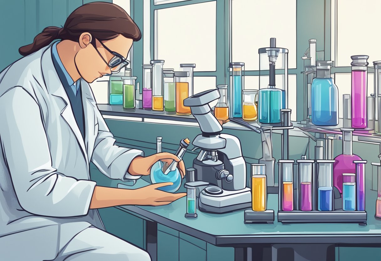 A bottle of perfume next to a laboratory setup with beakers and test tubes. A scientist is pouring a sample into a beaker and analyzing it with a microscope