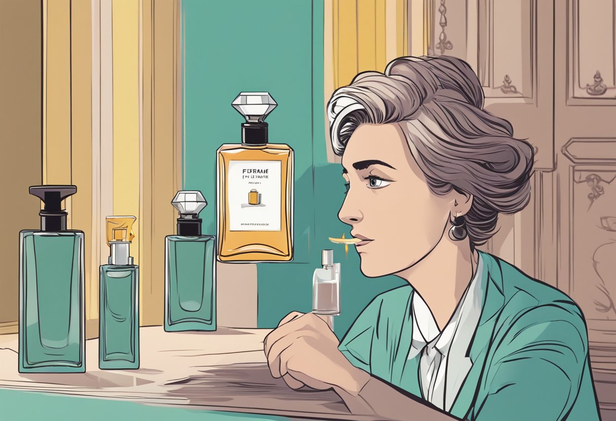 A bottle of perfume sits open, emitting a strong alcohol scent. A confused expression is depicted on a person's face nearby