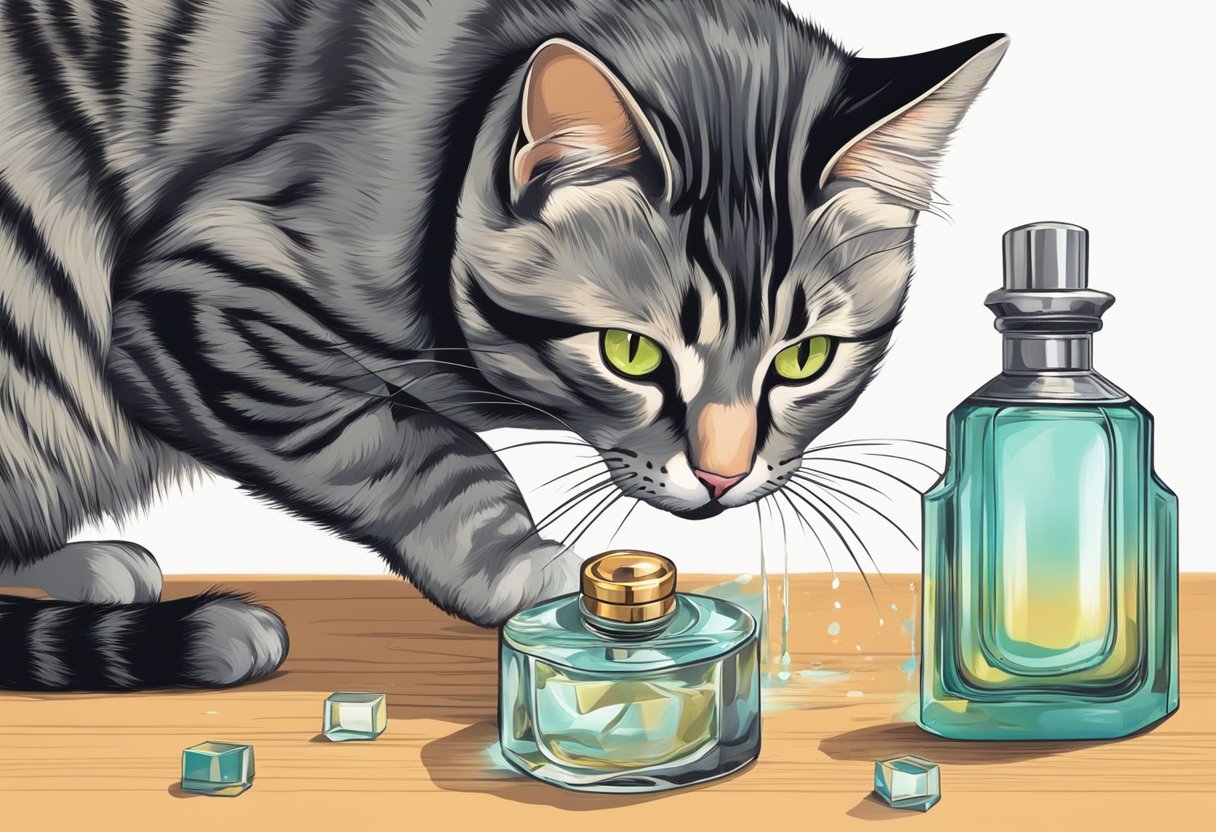 A cat sniffs a spilled bottle of perfume, its fur now carrying the scent