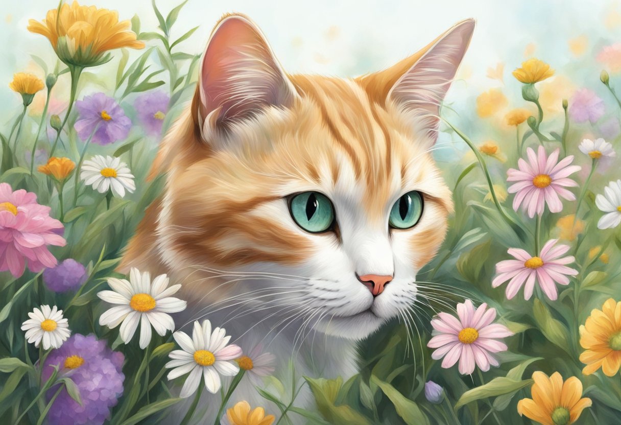 A cat with a curious expression sniffs a patch of flowers, its natural scent mingling with the sweet perfume-like aroma