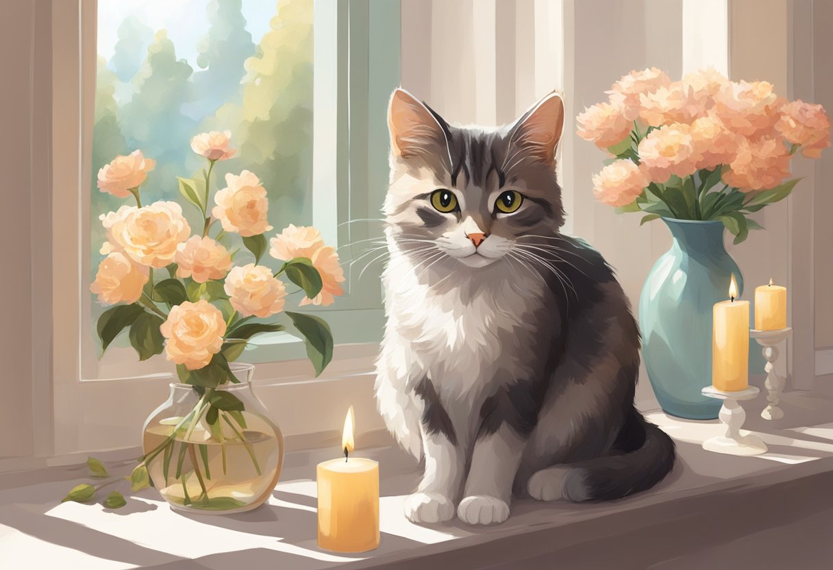 A cat sits in a sunlit room, surrounded by blooming flowers and scented candles. Its fur carries a faint, sweet perfume-like odor