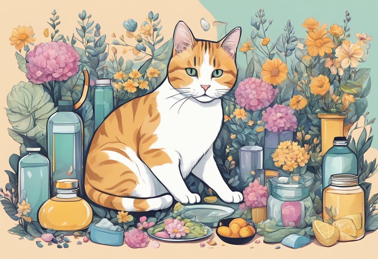 A cat with a perplexed expression, surrounded by various objects emitting strong scents, such as flowers, cleaning products, and food, while emitting a faint perfume-like odor itself