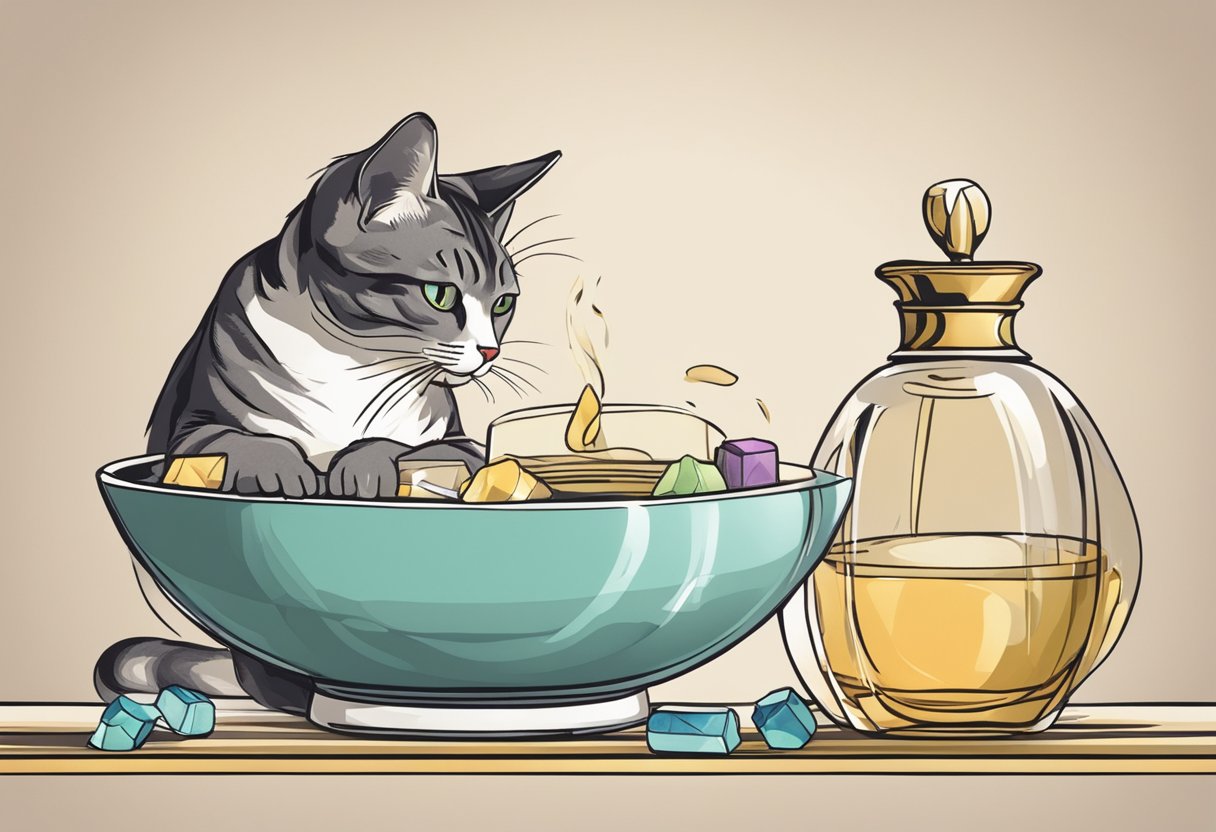 A cat sniffing a bowl of perfume with a puzzled expression on its face